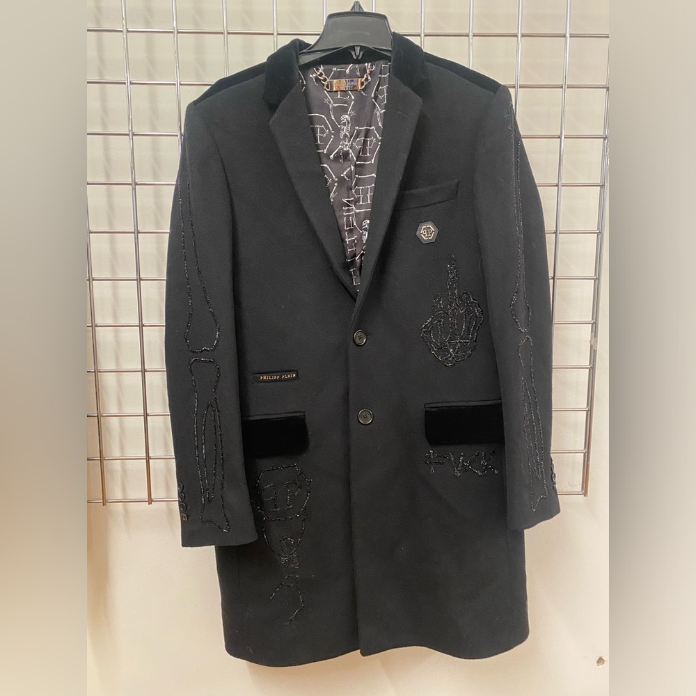 Philipp Plein Grey Coat w Embellishment 3XL